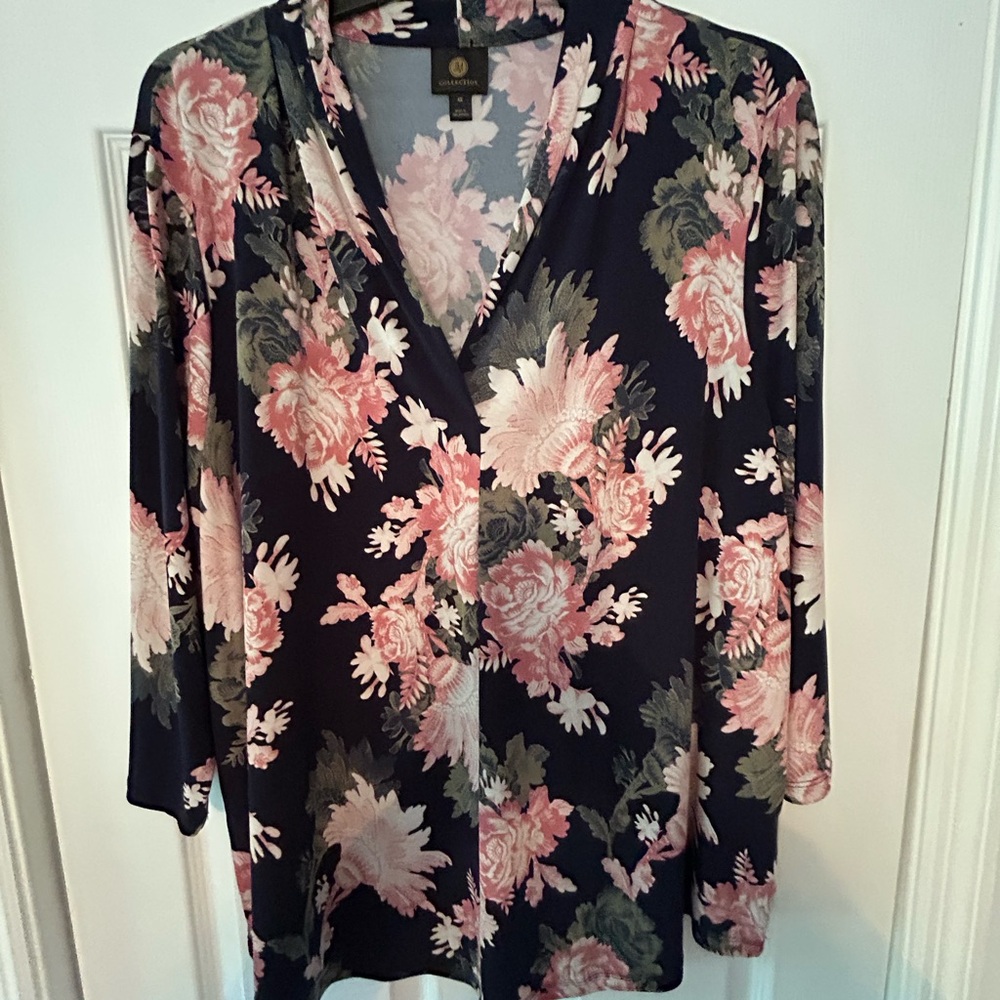 JM Collection Pink Graphic Notched Collar Blouse